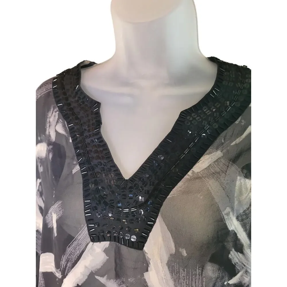 Chico's Women Blouse Blk/White Dolman Sleeve Sheer Silk Sparkle Neck Sequin Sz 1 - Picture 2 of 4